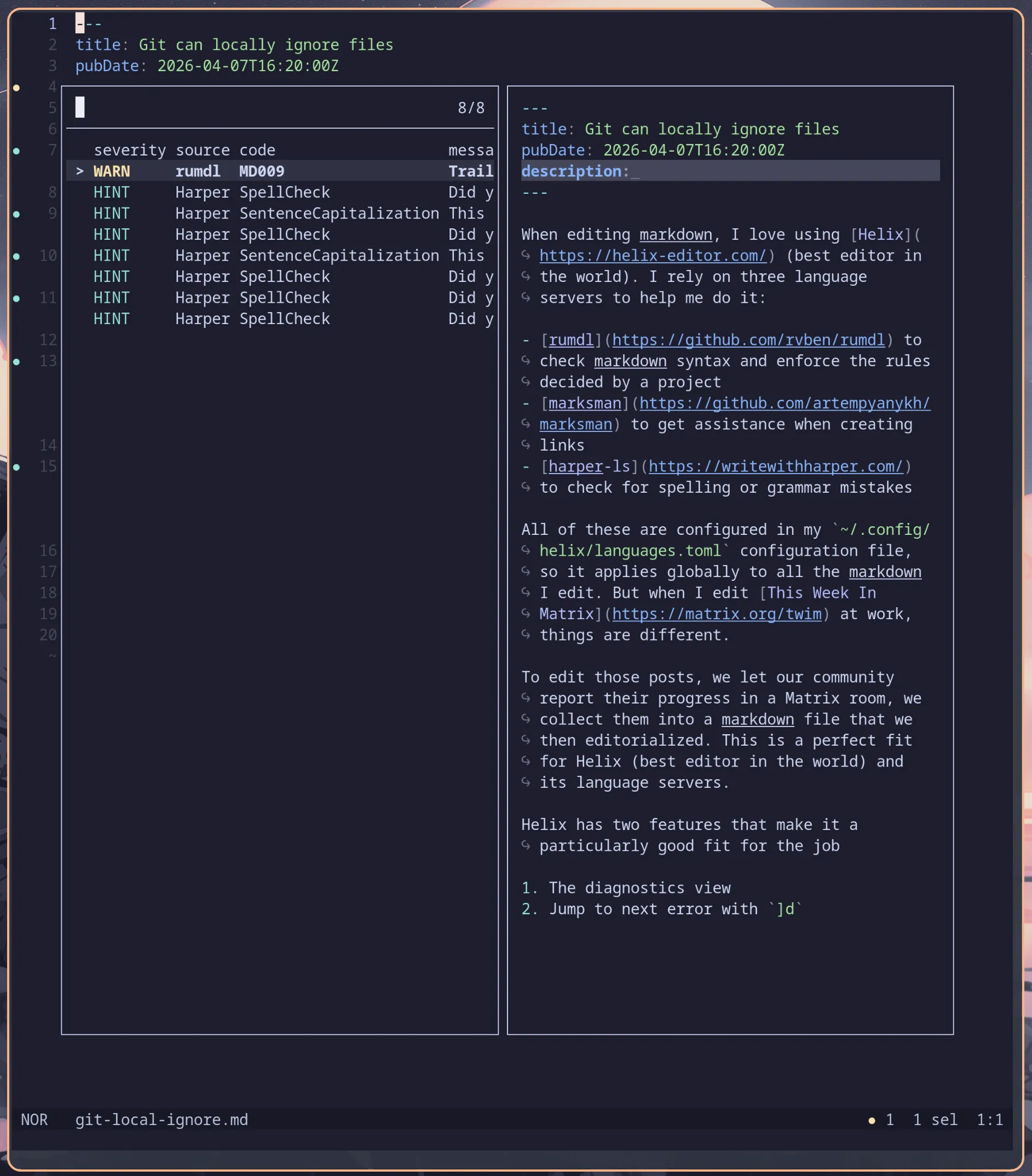 A screenshot of Helix with a picker open in a terminal. It displays several lines of error. Each line is split into 4 columns: severity, source, code and message.