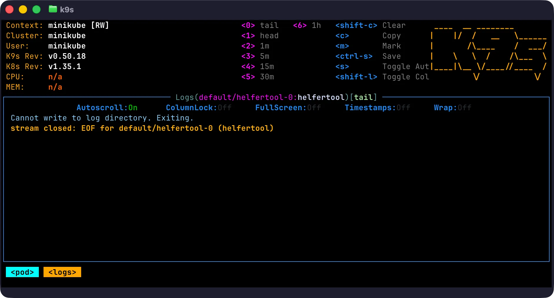 A screenshot of k9s, a TUI to manage Kubernetes clusters. It shows the logs of a pod that read "Cannot write to log directory. Exiting."